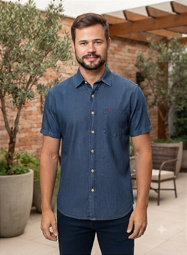 Camisa Jeans Dimarsi Tradicional Regular Fit - Com Bolso - Manga Curta - 100% Algodão - Ref. 10787 Azul