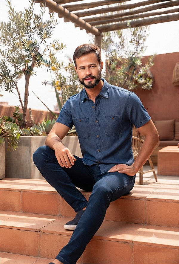 Camisa Jeans Dimarsi Tr adicional Regular Fit - Com 2 Bolsos - Manga Curta - 100% Algodão - Ref. 9857 Azul