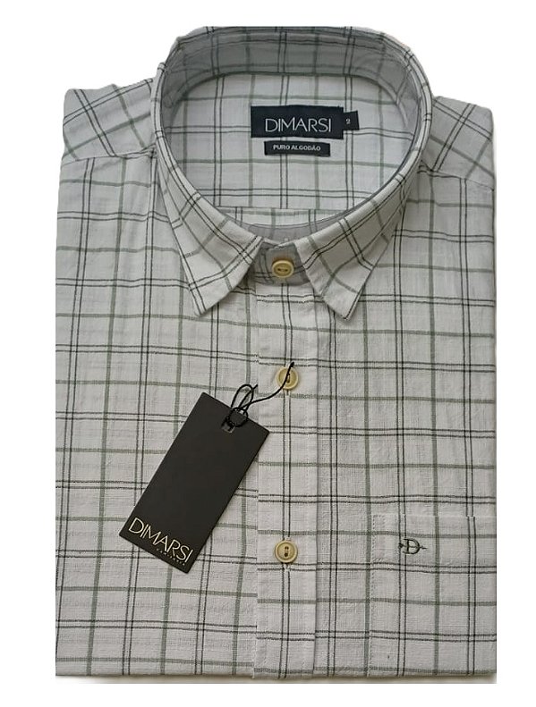 Camisa Dimarsi Tradicional Regular Fit - Com Bolso - Manga Curta - Puro Algodão - Ref. 10581 Xadrez - Branco/Verde
