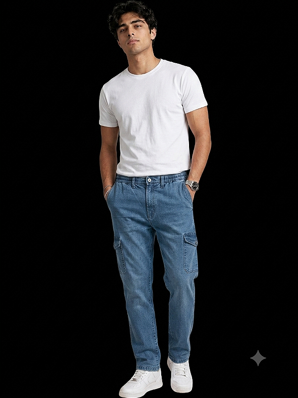 Calça Com Elástico Inteiro na Cintura - Com Bolso Cargo - Ref. 4770 Delave
