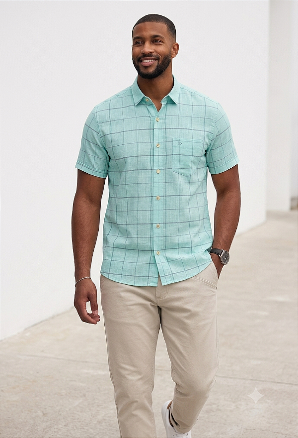 Camisa Dimarsi Tradicional Regular Fit - Com Bolso - Manga Curta - Puro Algodão - Ref. 10755 xadrez verde