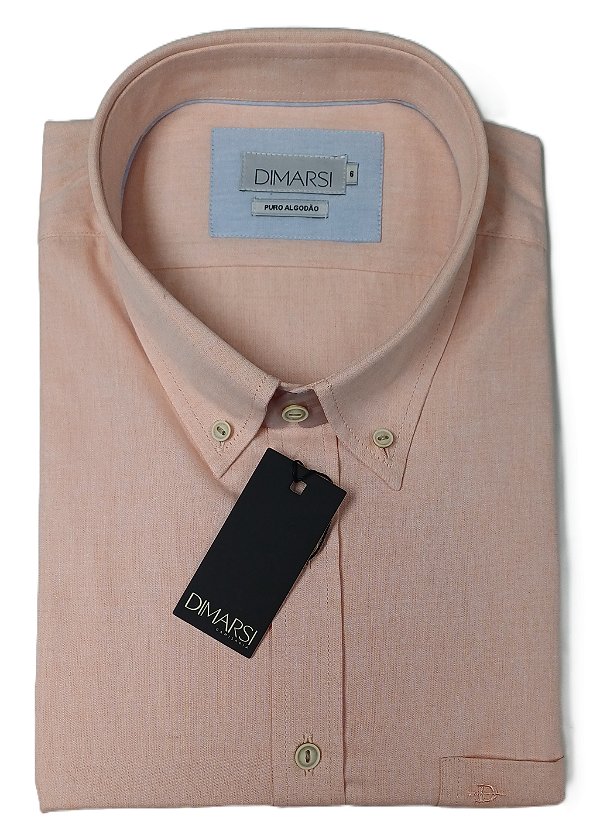 Camisa Dimarsi Tradicional Regular Fit - Botão No Colarinho - Com Bolso - Manga Curta - Puro Algodão - Ref. 10775 Laranja