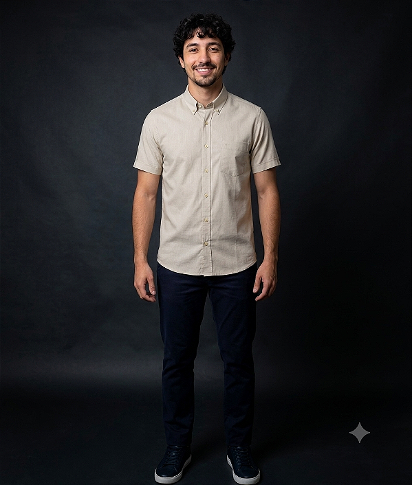 Camisa Dimarsi Tradicional Regular Fit - Botão No Colarinho - Com Bolso - Manga Curta - Puro Algodão - Ref. 10775 Cru