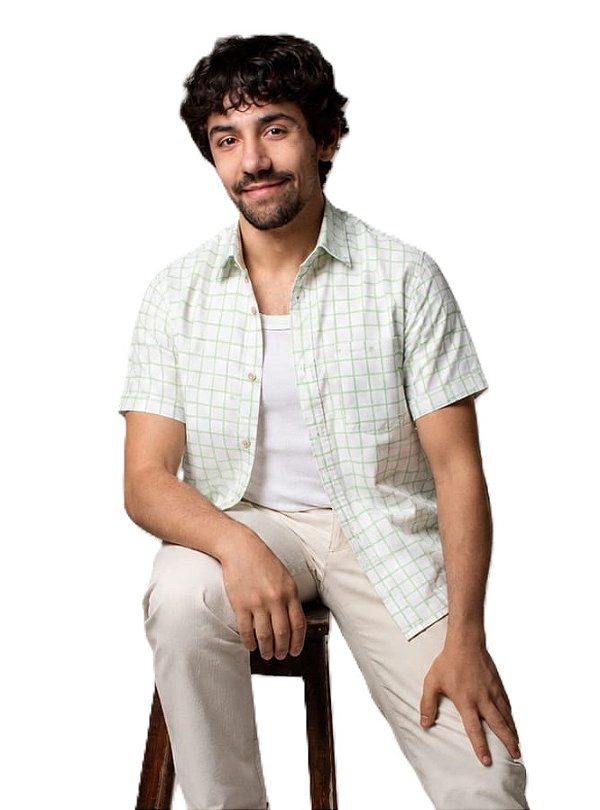 Camisa Dimarsi Tradicional Regular Fit - Com Bolso - Manga Curta - Puro Algodão - Ref. 10555 Xadrez Verde