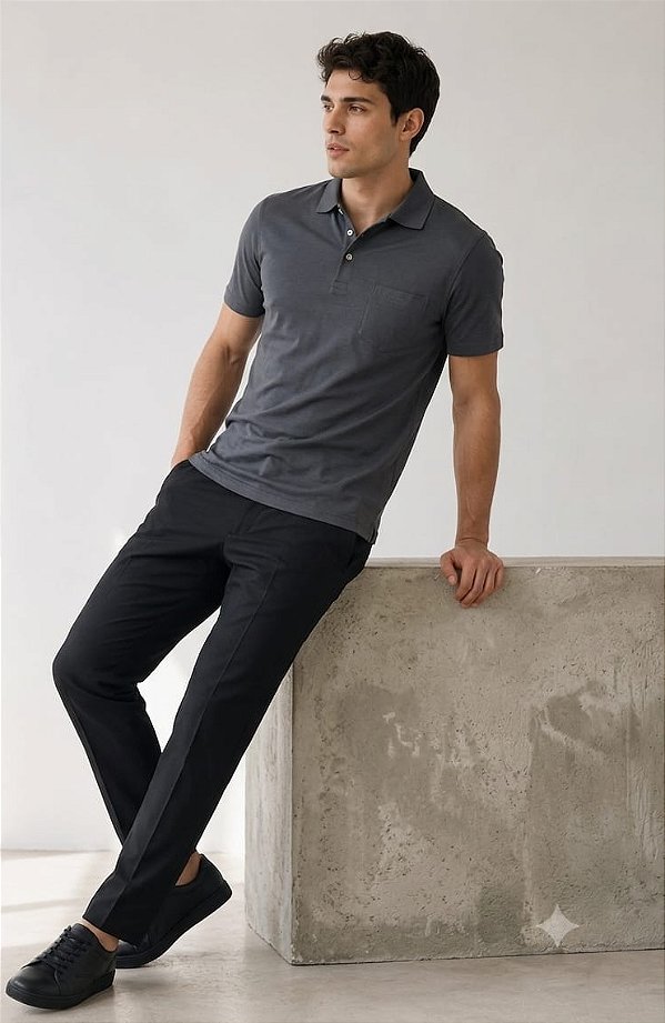 Camisa Polo Pierre Cardin Com Bolso - Manga Curta - Algodão Pima- Ref. 15710 Chumbo