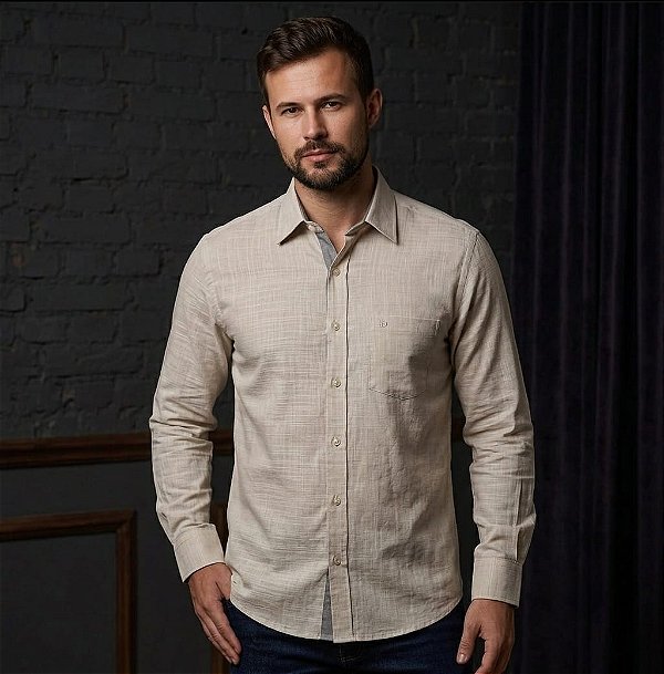 Camisa Dimarsi Manga Longa Regular Fit - Puro Algodão - Ref 11050 Bege