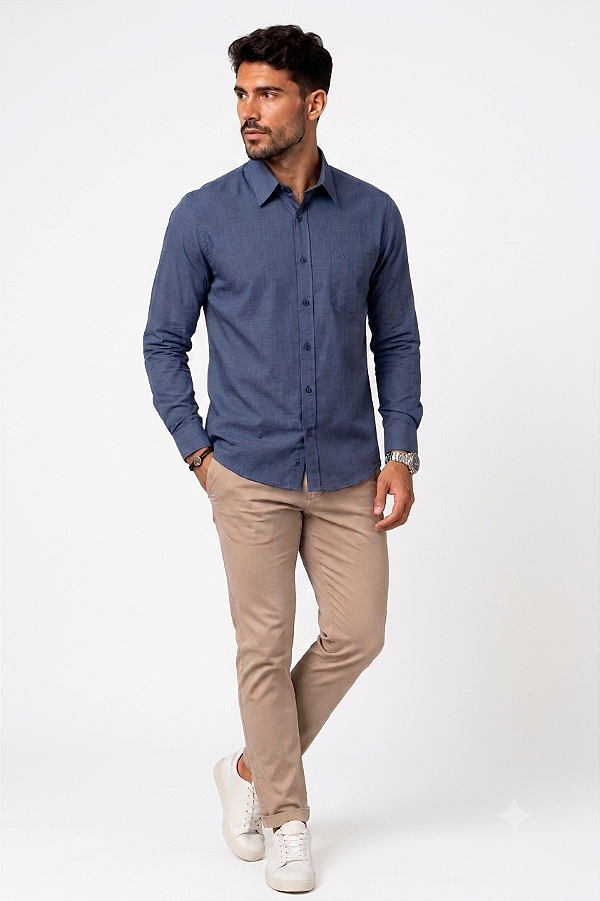 Camisa Dimarsi Manga Longa Regular Fit - Algodão Fil a Fil - Ref 11056 Azul