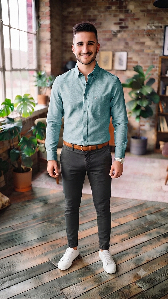 Camisa Poggio Sem Bolso - Manga Longa - Com Botão no Colarinho - 100% Algodão Fil a Fil - Ref. 20516 verde