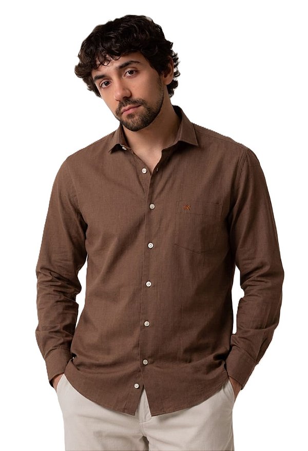 Camisa Social Polo From England - Manga Longa - Com Bolso - Algodão Egípcio - Ref. 21124 Café