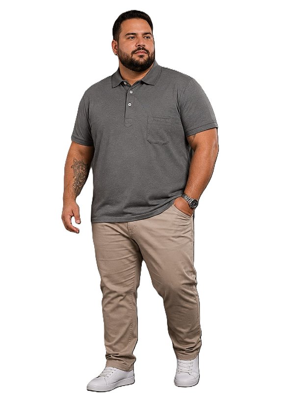 Camisa Polo Pierre Cardin PLUS SIZE - Com Bolso - Manga Curta Com Punho - 100% Algodão - Ref 15710 Chumbo