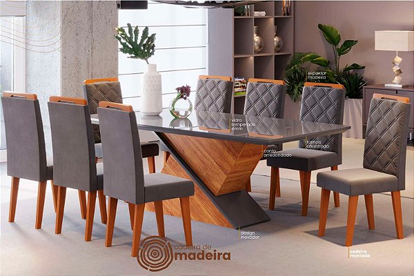 Conjunto de Mesa Glamour com 8 Cadeiras Rubi