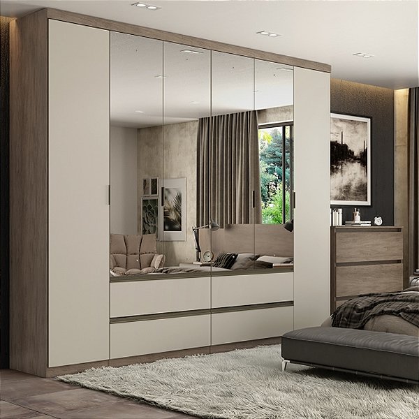 Guarda Roupa Nobre Glass Rustic com Off White 6 Portas