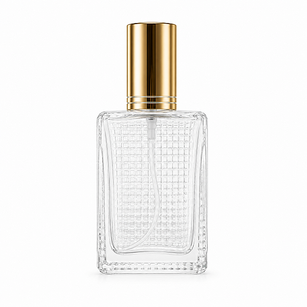 Frasco em Vidro Classic Detalhe Transparente Tampa e Válvula Douradas 50ML
