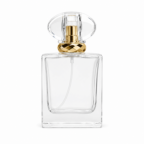 Frasco em Vidro Transpaente Detalhes em Lozangos Tampa Transparente e Válvula Dourada 50mL