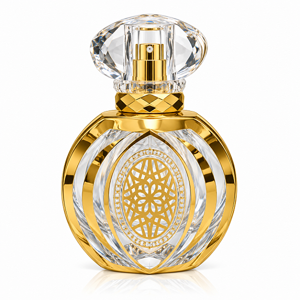 Frasco em Vidro Transparente Decorado Dubai Tampa Dourada Com Cristal 50mL