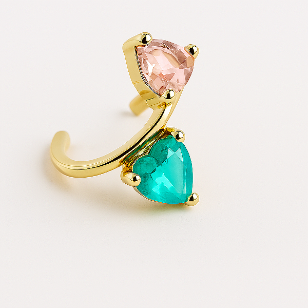 Piercing Fake Dois Corações Verde e Rosa Banhado A Ouro