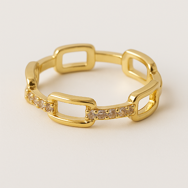 Anel 2 em 1 Corrente Com Microzircônias Banhado A Ouro