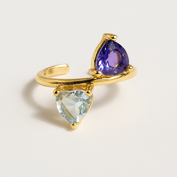 Piercing Fake Dois Corações Azul Bebê e Roxo Banhado A Ouro