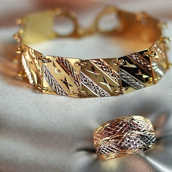 Kit Eleganza Três Ouros Pulseira + Anel Manoella Banhado A Ouro