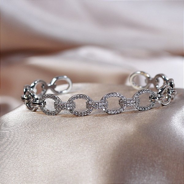 Pulseira Bracelete Com Elos Vazados e Microzircônias Ródio Branco