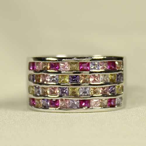 Anel de Mingo Largo Com Zircônias Coloridas Banhado A Ródio Branco