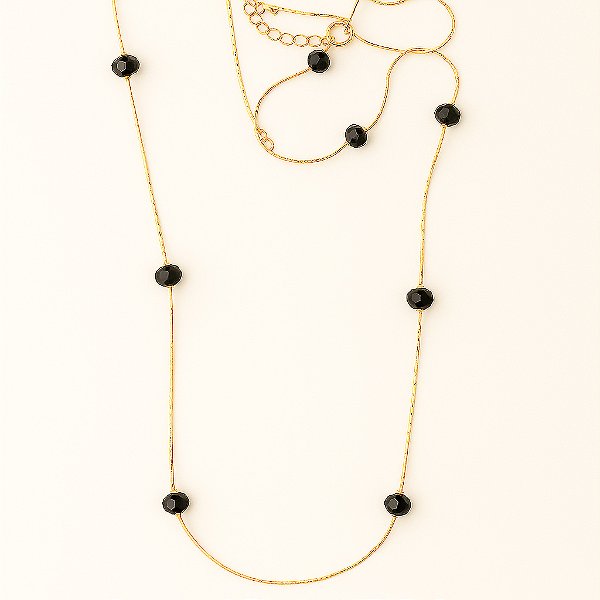 Colar Cristais Negros Longo Banhado A Ouro