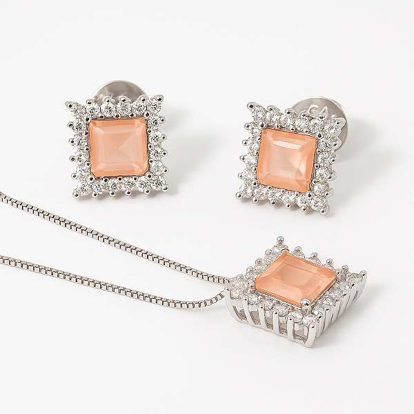 Conjunto Quadradinho com Morganita Fusion Banhado A Ródio Branco