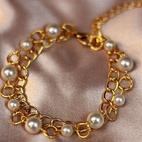 Pulseira Dupla Pérolas Ouro
