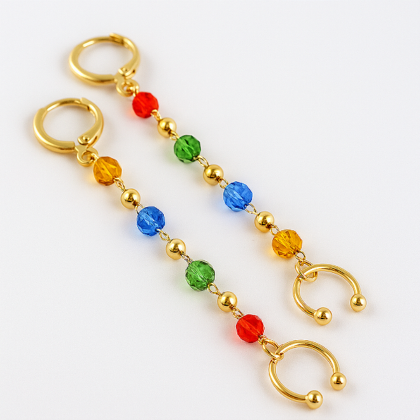 Brinco Argola Cristais Coloridos Com Piercing Banhado A Ouro