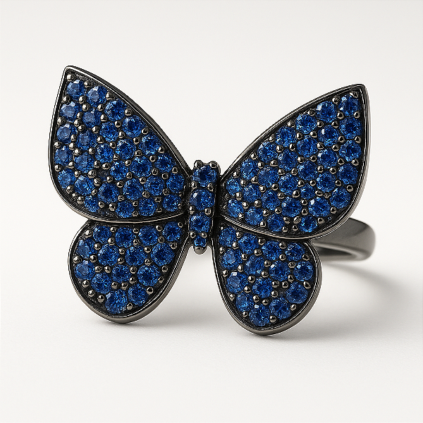 Anel Borboleta Azul Banhado A Ródio Negro