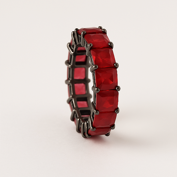 Anel Meia Aliança Granada Leitosa G Banhado A Ródio Negro