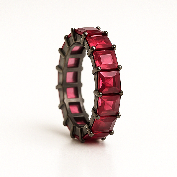 Anel Meia Aliança Granada Leitosa P Banhado A Ródio Negro