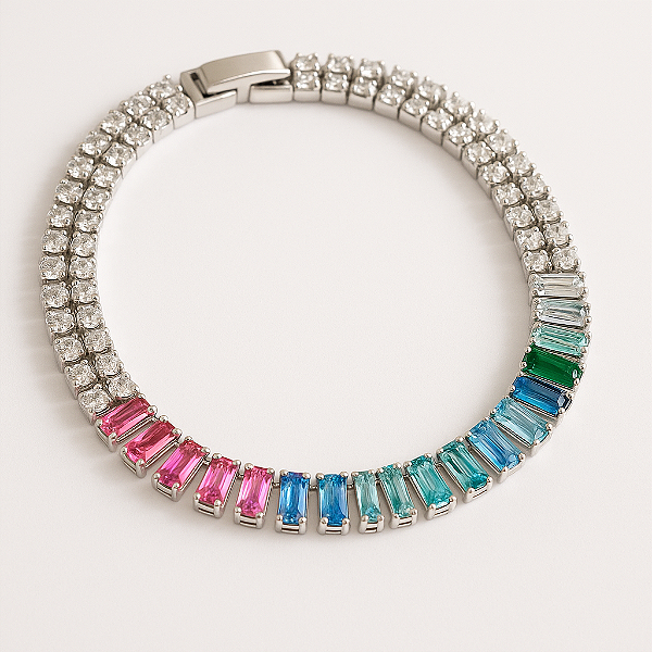 Pulseira Riviera De Quadrados Color e Cristal Banhado A Ródio Branco