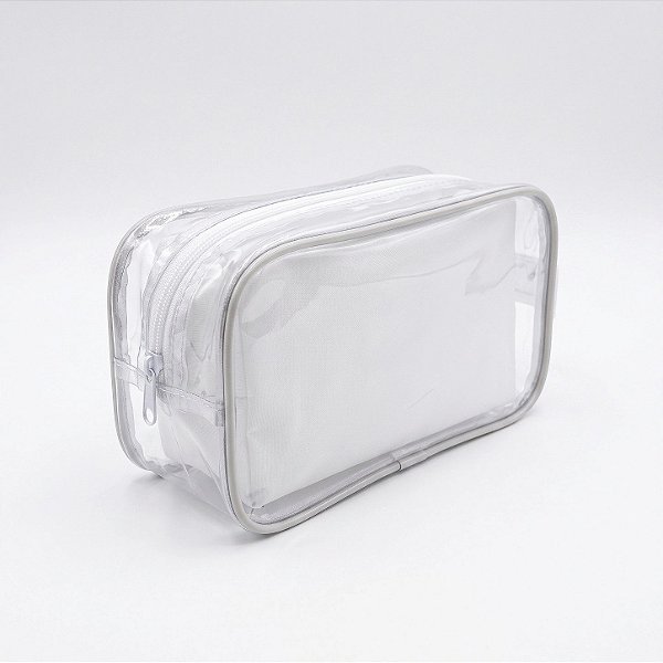 Necessaire Estojo Transparente PVC com Alça de Mão - Friso e Zíper BrancoNecessaire Estojo Transparente PVC com Alça de Mão - Friso e Zíper Branco
