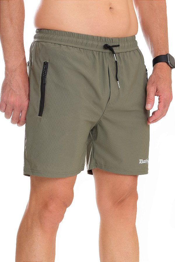 Bermuda Dry Fit Treino Seca Rápido 3 Bolsos Elastáno VERDE MILITAR