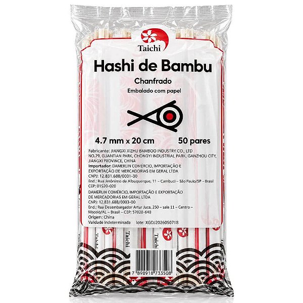 Hashi Descartável de Bambu Chanfrado Taichi 20cm 50 Pares – Embalado em Papel