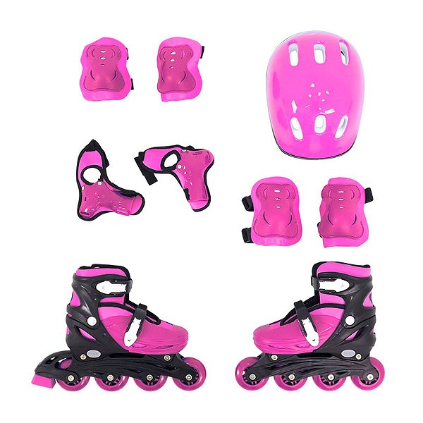 Patins Roller Infantil Rosa Ajustavel Com Kit Proteção