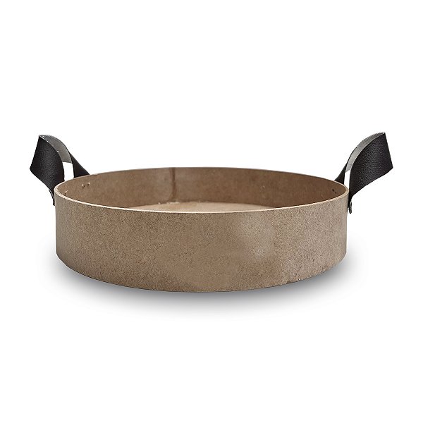 Bandeja Redonda MDF Cru C/ Alça Couro Artificial - 25cm diam x 5cm