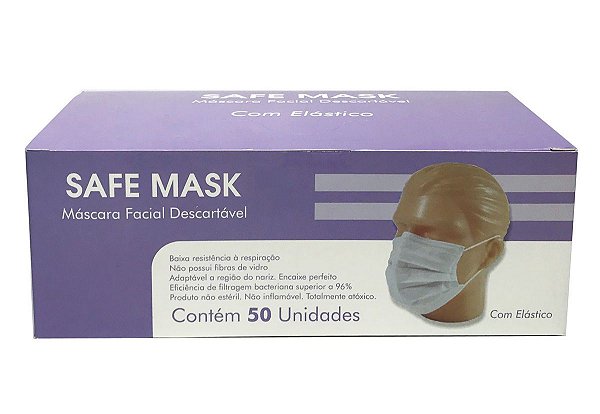 Máscara Facial Descartável  Tripla com elástico e Clipe Nasal - Caixa com 50 unidades