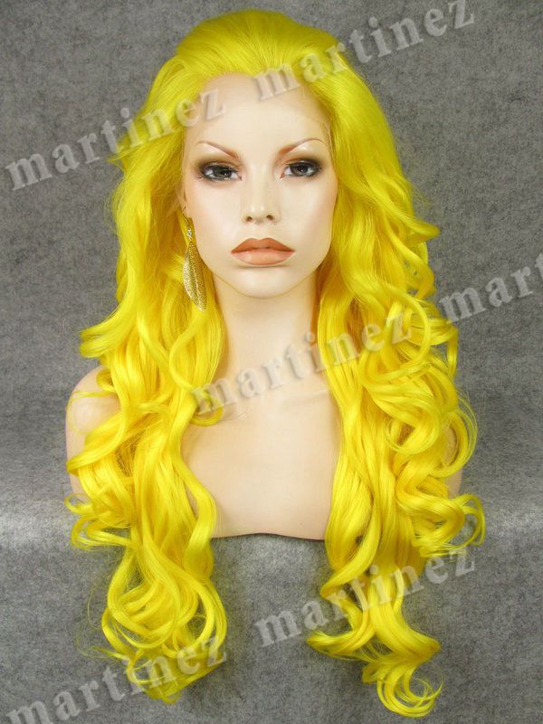 Peruca Sintética Lace Front Amarelo Ondulado