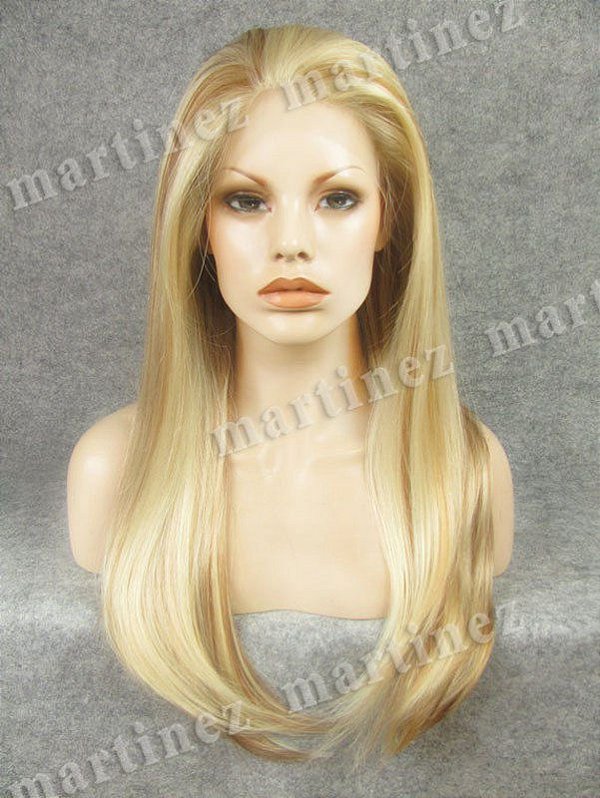 Peruca Lace Front Sintética Premium Loiro com Mechas Liso