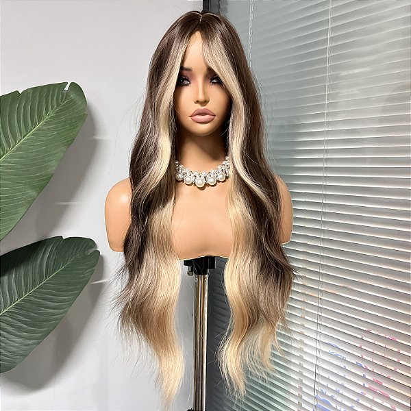 Wig Jade Loiro Bege com raiz esfumada castanho médio