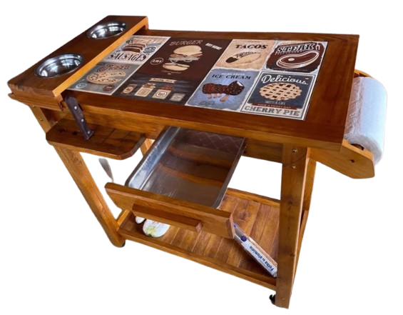 Mesa Gourmet de Madeira para Churrasqueira com Rodas BRINDE Tábua Corte com jogo Facas