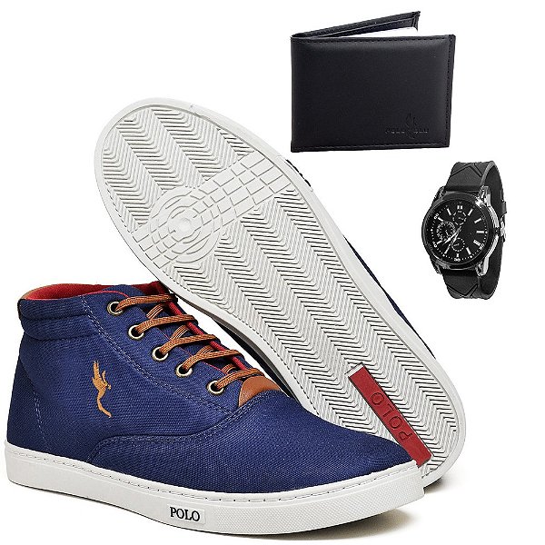 Tênis Masculino Cano Alto Polo Blu com Relógio e Carteira de Brinde