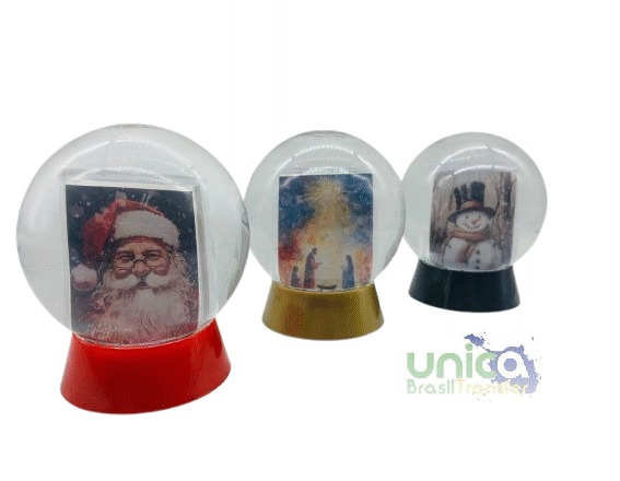 GLOBO DE NEVE PORTA RETRATO C/ BASE DOURADA, PRETA E VERMELHA.