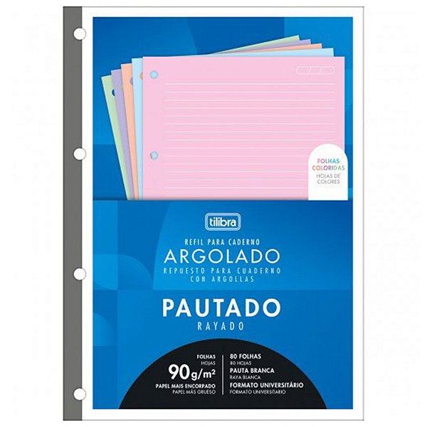 Refil Tiliflex para Caderno Argolado Universitário Académie Folhas Coloridas com Pautas Brancas 90g Tilibra