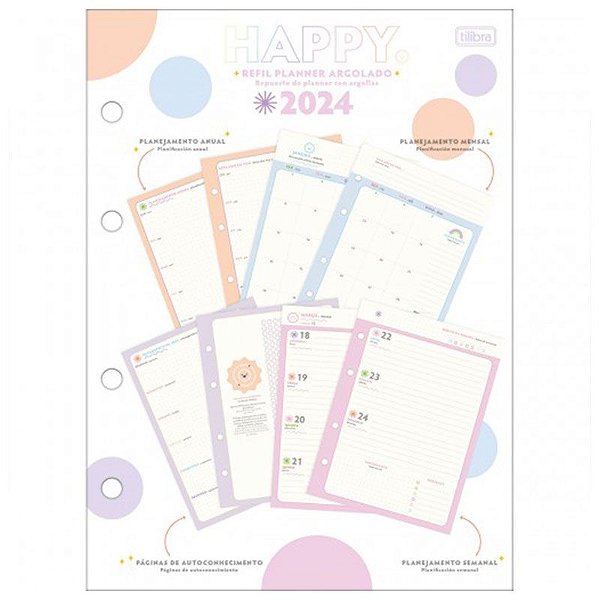 Refil Planner Argolado Colegial 17,7 x 24 Cm Happy 90g Tilibra 2024