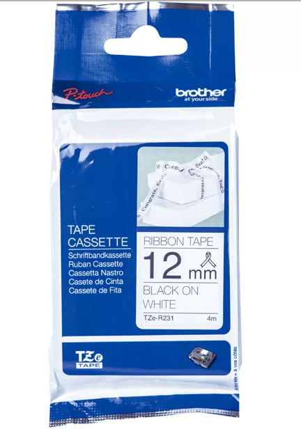 Fita de Cetim Branco/Preto TZe-R231 - Rotulador Brother PTH110