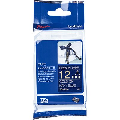 Fita para rotulador Brother TZE, 12mm x 4m, Azul marinho, Escrita ouro cetim, TZe-RN34, Brother - CX 1 UN