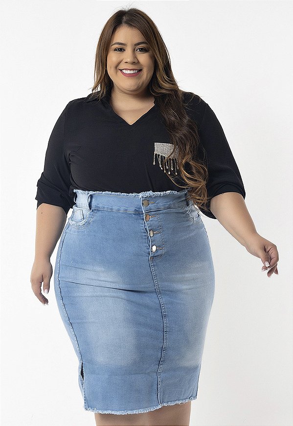 Saia Jeans Claro Desfiado Plus Size Evangélica Ref.209